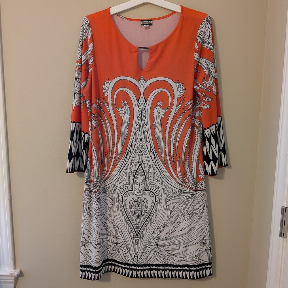 HAANI Orange And White Cocktail Dress With Three Quarter Sleeves